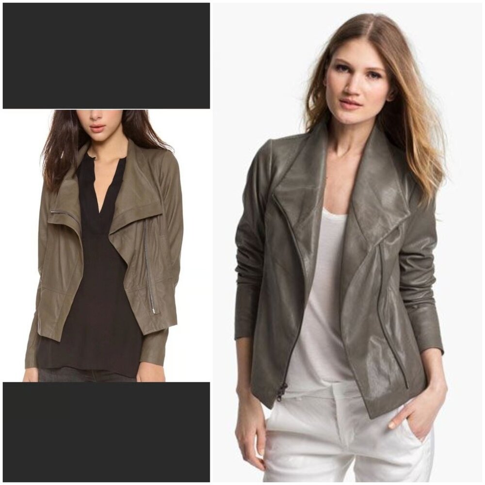 VINCE Leather Scuba Jacket Biker Lustrous Asymmetrical Minimalist Taupe Gray M - Picture 5 of 16